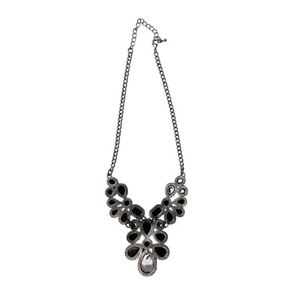 Black Statement Necklace and Earring Set Silver Tone Bold Teardrop Faceted Bold - Picture 4 of 13